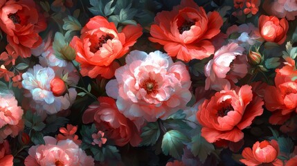 Aufkleber - Painting of a field of red and white flowers. The flowers are in full bloom and the colors are vibrant. The painting has a sense of life and energy, as if the flowers are dancing in the wind