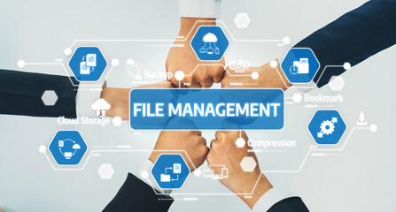 Poster - Office worker team stacking hand together symbolize successful group of business partnership and strong collective unity teamwork in community workplace in panoramic banner. Shrewd Amity