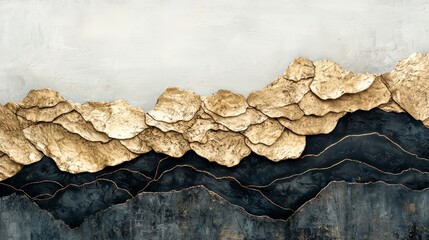 Wall Mural - Painting of mountains with gold and black colors. The mountains are very tall and the gold and black colors give the painting a sense of depth and texture. The painting evokes a feeling of awe