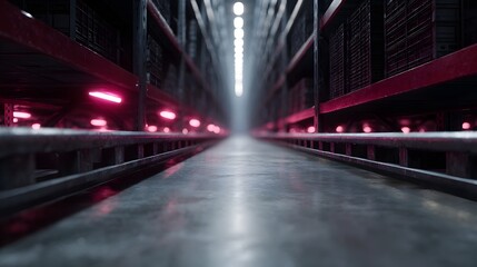Poster - Futuristic automated warehouse with robotic shelving and lighting