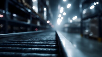 Poster - Automated shelves moving on smart warehouse tracks with robotic lighting