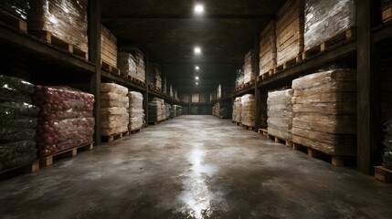 Poster - Vast storage warehouse filled with stacked inventory on shelves