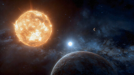 Wall Mural - Glimpse into the cosmos showing planets, glowing sun, nebula and distant stars in a mesmerizing cosmic scene.