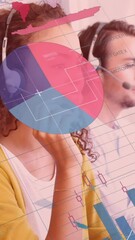 Poster - Animation of diverse customer care team with phone headsets and statistics