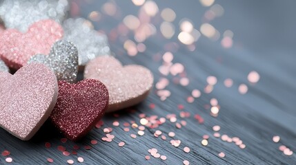 Wall Mural - pile of hearts with glitter on a wooden surface. the glitter adds a sparkly and romantic touch to th