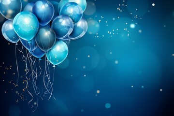 Poster - Blue balloons floating on a celebratory blue background with golden confetti, perfect for birthday or anniversary