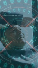 Poster - Animation of data processing and scope scanning over smiling man wearing vr headset