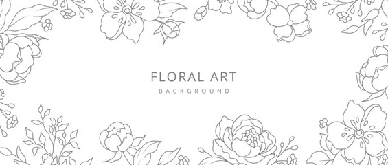 Wall Mural - abstract floral background with minimal flowers and leaves in line art style. hand drawn botanical e