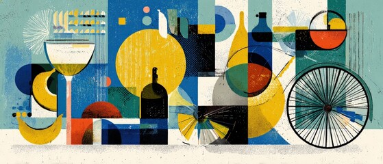Poster - Abstract geometric still life with wine glass, bottle, banana, and bicycle wheel in a colorful, modern, and artistic composition