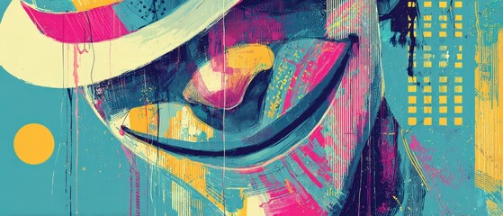Poster - Abstract colorful face painting with hat and geometric shapes in modern art style Creative artistic expression with vibrant colors and unique design