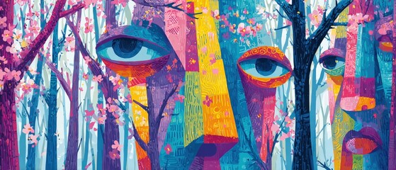 Poster - Abstract Face in Spring Forest with Blooming Cherry Blossoms, Colorful and Dreamlike Illustration Concept of Nature, Art, and Imagination
