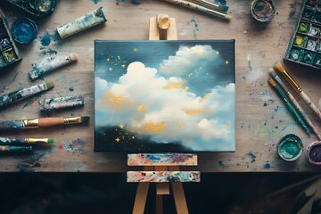 Wall Mural - a desk with a tiny easel holding a canvas painted with abstract pastel clouds and golden stars, surr