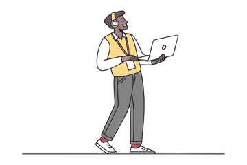 Fototapete - Man using a Laptop: A man, headset equipped and clad in a casual attire, engrossed with his laptop, walking while deep in thought.