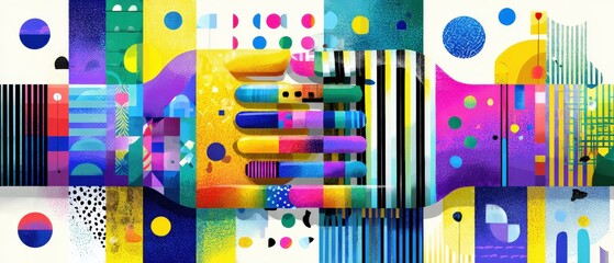 Poster - Vibrant abstract geometric collage with colorful shapes and patterns Modern artistic background with playful design elements and bold color palette