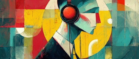 Poster - Abstract man listening music with headphones in colorful geometric painting Artistic concept of sound, audio, and modern art