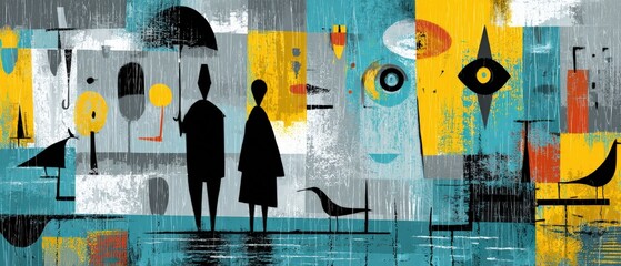 Poster - Abstract couple with umbrella in the rain, midcentury modern art with geometric shapes and birds Concept of weather, relationship, and retro design