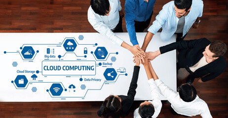 Poster - A diverse group of professionals collaborates on cloud computing solutions illustrated by graphics, emphasizing teamwork and innovative technology in the workplace. Amity