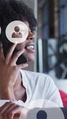 Poster - Animation of profile icon in circles over woman laughing and talking on cellphone