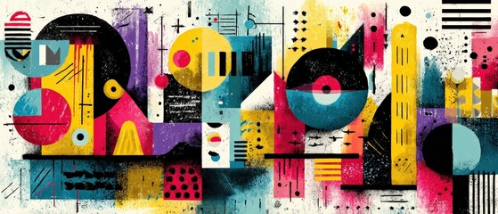 Poster - Vibrant abstract geometric art with bold colors and shapes in a modern contemporary style Dynamic composition with circles, lines, and textures for creative backgrounds