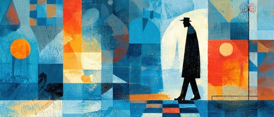 Poster - Abstract painting of a lonely man walking in a geometric cityscape with vibrant colors Concept of solitude, urban life, and modern art