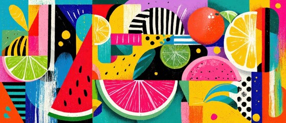 Poster - Vibrant abstract fruit collage with watermelon, lemon, and orange slices in a colorful geometric design Concept of summer, healthy eating, and artistic expression
