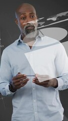 Poster - Animation of infographic interface and diverse manager explaining project details to colleagues