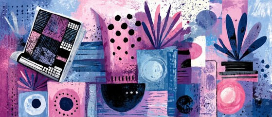 Poster - Abstract still life painting with vibrant pink and blue hues featuring geometric shapes, plants, and a book Concept of modern art, creativity, and interior design