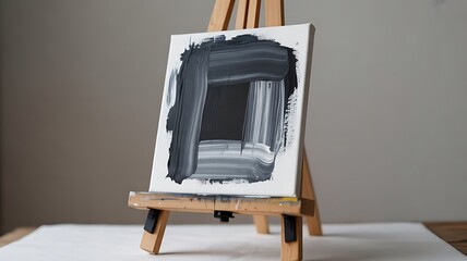 Poster - An abstract black and white painting on canvas sits on an easel