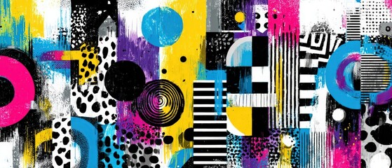 Poster - Vibrant abstract geometric pattern with bold colors and playful shapes Modern artistic background with circles, stripes, and spots for creative design projects