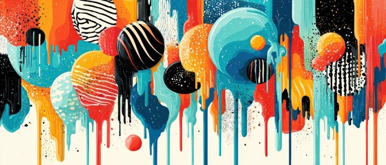 Poster - Vibrant abstract painting with dripping paint and colorful spheres Modern art with bold colors and dynamic textures Concept of creativity, expression, and imagination