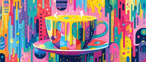 Poster - Colorful abstract art of steaming coffee cup with dripping paint, vibrant and playful design for creative backgrounds and modern art concepts