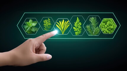 Poster - Hand Touching Interactive Display of Greenery with Various Leaves and Plants on Dark Background