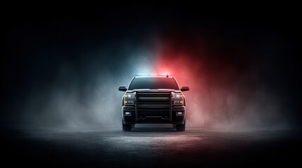 Poster - Emergency vehicle front with red and blue lights glowing, city street at night