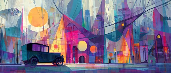 Poster - Abstract cityscape painting with vintage car, vibrant colors, and geometric shapes Modern art illustration of urban scene with retro vehicle and colorful architecture