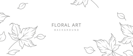 Wall Mural - Autumn floral background with minimalistic branches and leaves in line art style. Hand drawn botanical elements. Frame with maple leaves. Vector illustration