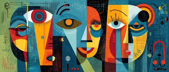 Poster - Abstract faces art with vibrant colors and geometric shapes in modern artistic expression and creative design