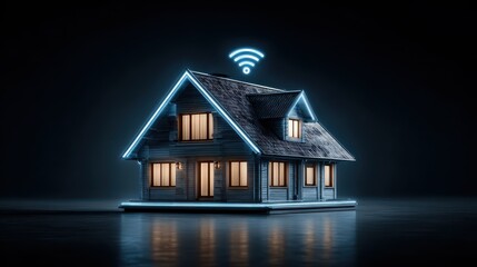 Poster - House clipart merged with technology symbols like Wi-Fi and smart devices, concept of smart home