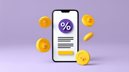 Poster - Mobile Phone with Percentage Symbol Surrounded by Coins in a Modern Financial Concept on a Purple Background