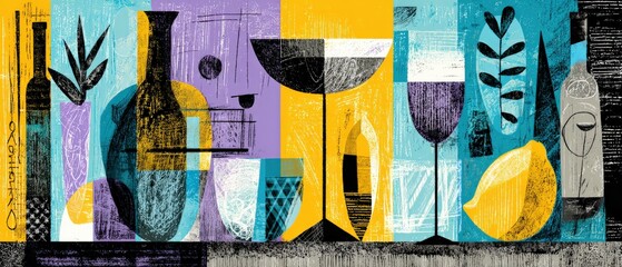 Poster - Colorful still life illustration of wine bottles, glasses, and lemon with abstract shapes in a modern art style Concept of bar, restaurant, and kitchen decor