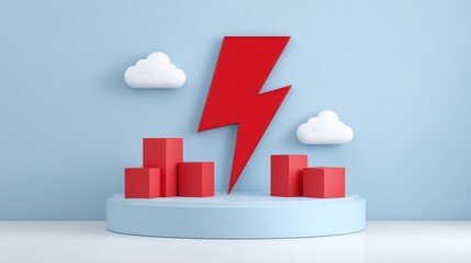 Poster - Red lightning bolt symbol with geometric blocks and clouds on a light blue background for modern creative designs