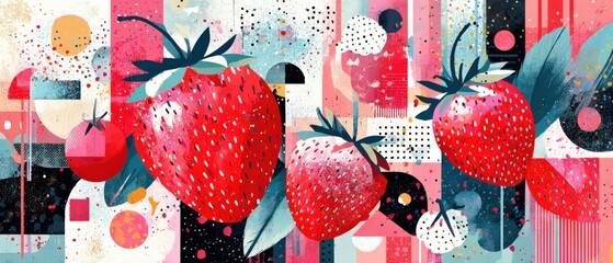 Poster - Vibrant Strawberry Abstract Art with Geometric Shapes and Bold Colors for Modern Kitchen Decor and Fresh Fruit Concept