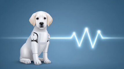 Poster - Robotic Puppy Companion with Futuristic Design and Heartbeat Visual on Blue Background