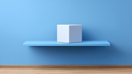 Poster - Minimalist Interior Design with White Cube on Blue Shelf Against Soft Blue Background