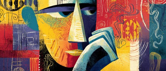 Poster - Abstract portrait of a thoughtful man with hand on chin in colorful geometric shapes Conceptual illustration of contemplation, creativity, and modern art