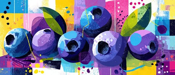 Poster - Vibrant Blueberry Still Life Painting with Colorful Abstract Background Artistic illustration of fresh blueberries with leaves in a modern, painterly style