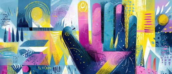 Poster - Vibrant abstract painting with geometric shapes and hand gesture in blue, pink, and yellow Modern artistic expression with bold colors and dynamic composition Concept of creativity and imagination
