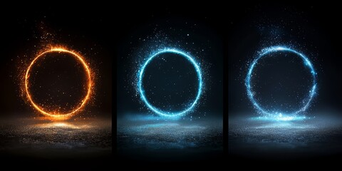 Poster - Three different colored circles with blue and orange flames in the middle. The circles are in a black background