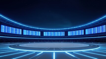 Poster - Futuristic Sports Arena with Neon Lighting and Digital Displays at Night for Modern Sporting Events and Competitions