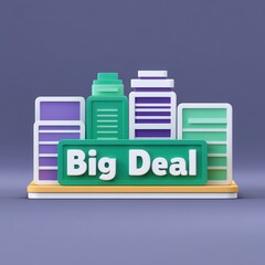 Poster - Colorful 3D Illustration of Big Deal Text with Stylized Buildings and Modern Design Elements for Promotional Material