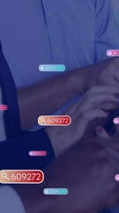Poster - Animation of social media notifications over midsection of diverse colleagues using smartphones